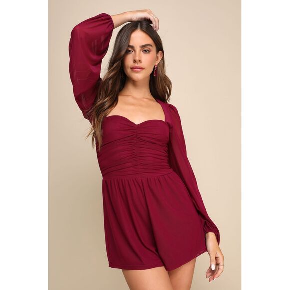 LULUS ROMPER MAROON XL Plum Purple Mesh Ruched Balloon Sleeve Romper NWT - Picture 2 of 5